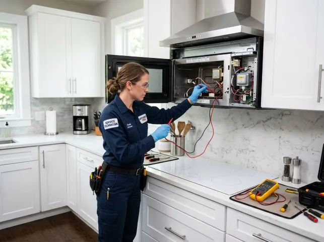 Appliance Repair Hero technician testing an over-the-range microwave in a Allenspark, CO kitchen
