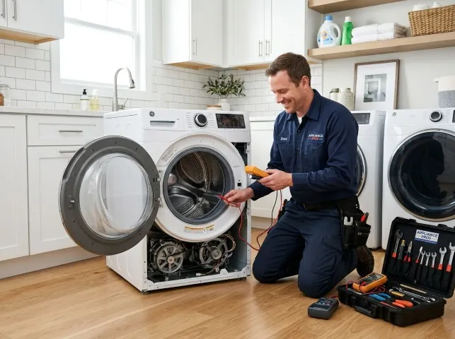 A technician testing a front-load washer with a multimeter in a laundry room